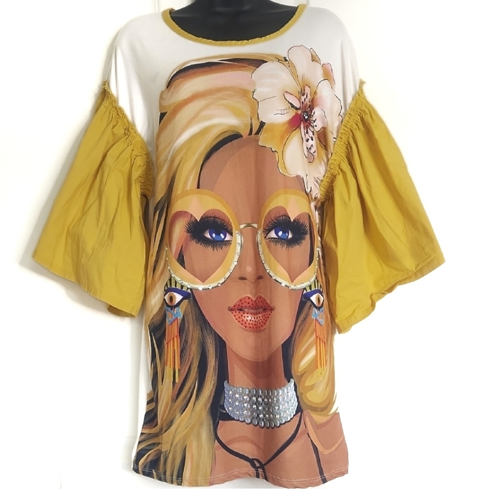 Graphic Tunic with Puff Sleeves